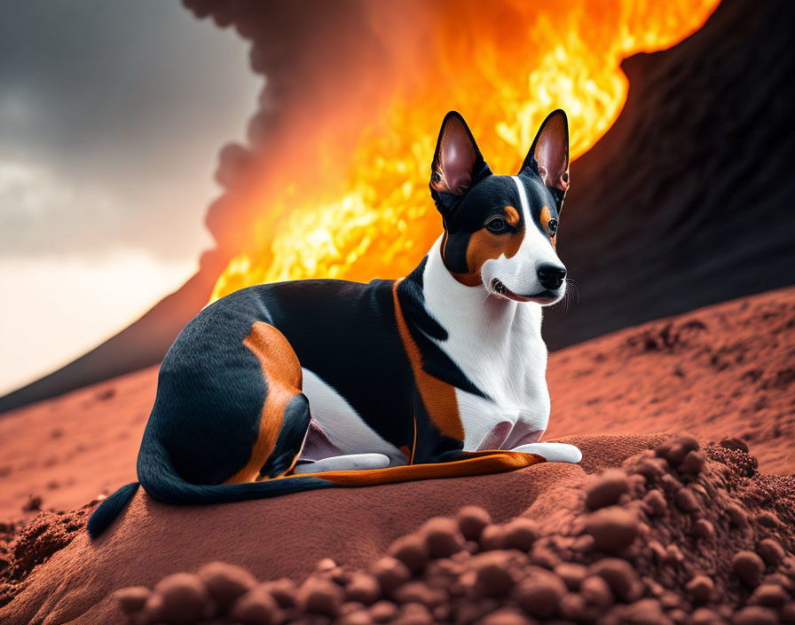 Tricolor dog on red sand with erupting volcano and dramatic sky