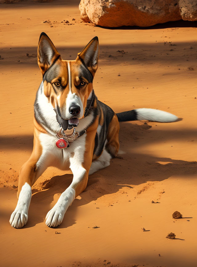 Brown and White Dog with Collar and Tags on Sandy Terrain