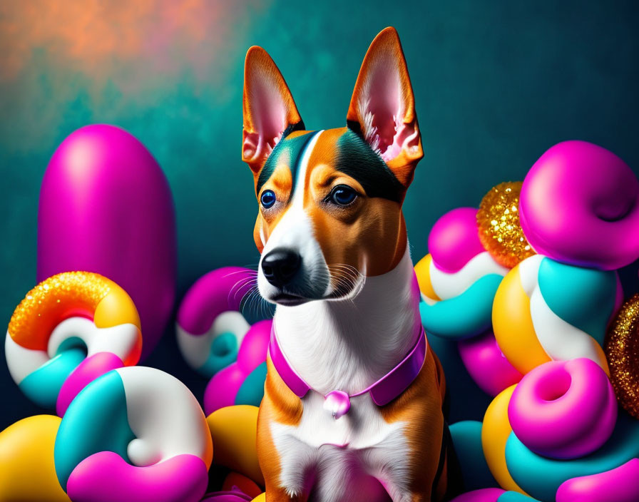 Colorful Jack Russell Terrier portrait with upright ears and purple collar amidst twisted balloon shapes