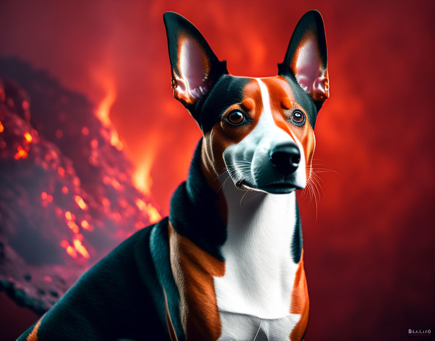 Erect-eared Basenji Dog Against Fiery Red Background