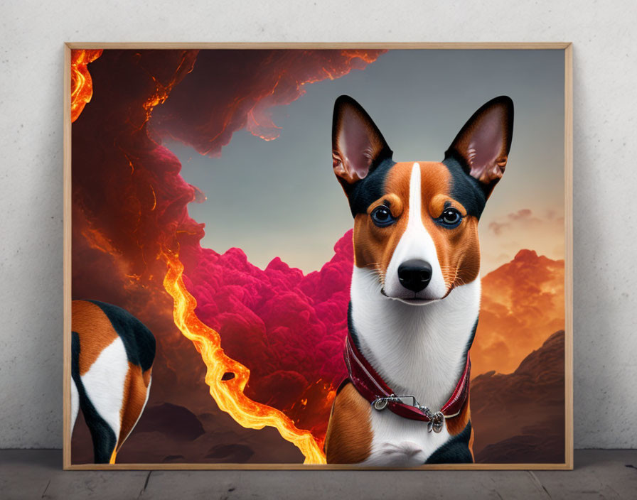 Framed dog picture with fiery sky backdrop on stand by textured wall