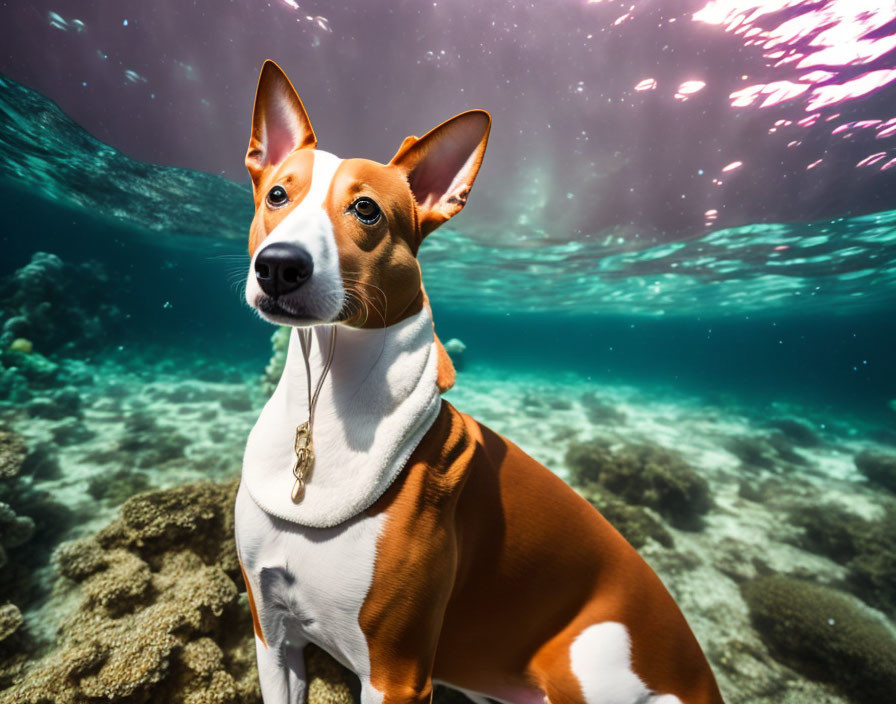 Brown and White Dog with Pendant Collar in Underwater Seascape