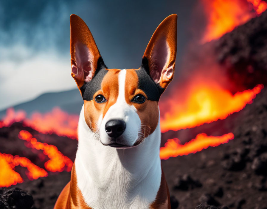 Tri-Colored Dog with Erect Ears Near Lava-Flowing Volcano