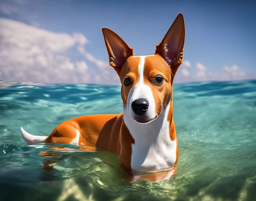 Brown and White Dog Swimming in Clear Blue Water on Sunny Day