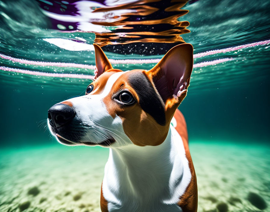 Jack Russell Terrier Submerged in Clear Water with Ripples and Light