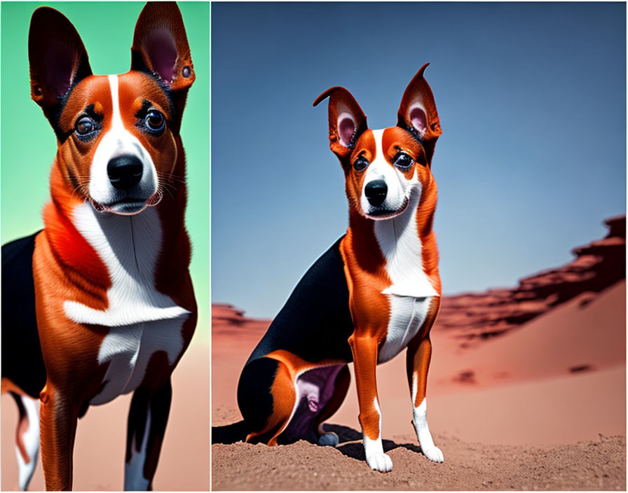 Brown and White Dog in Desert Landscape with Blue Sky