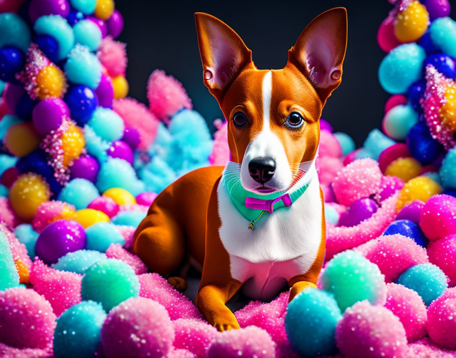 Colorful balls and beads surround a bright-eyed dog on a vibrant pink surface