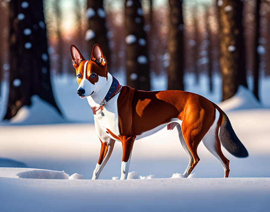 Tricolor dog in snow with sunlit forest backdrop