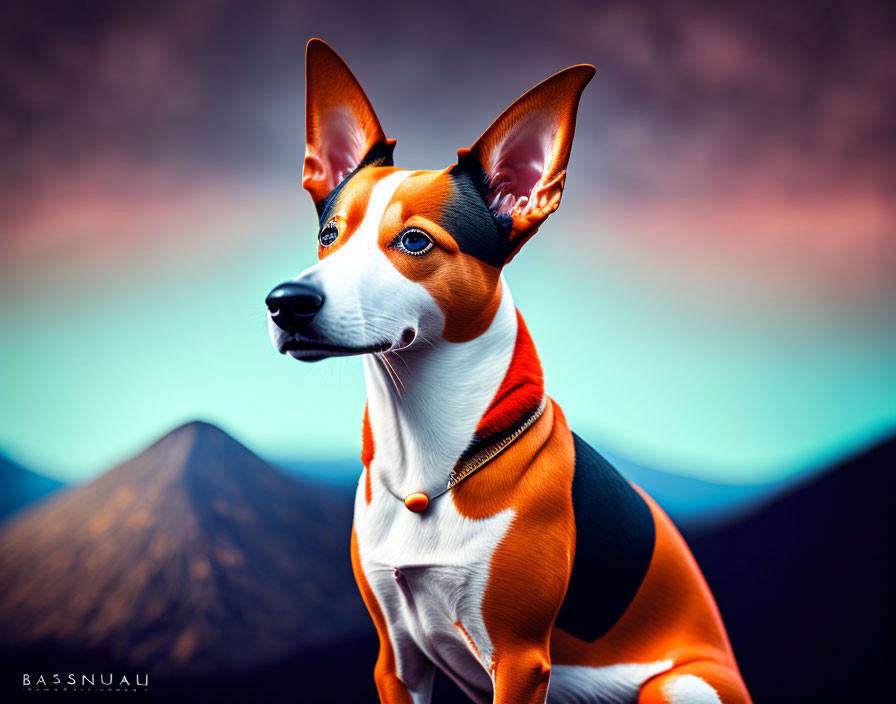 Colorful Basenji Dog Portrait Against Mountain Sunset Sky