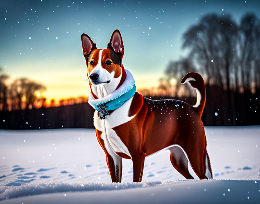 Brown and White Dog with Blue Collar in Snowy Sunset Scene