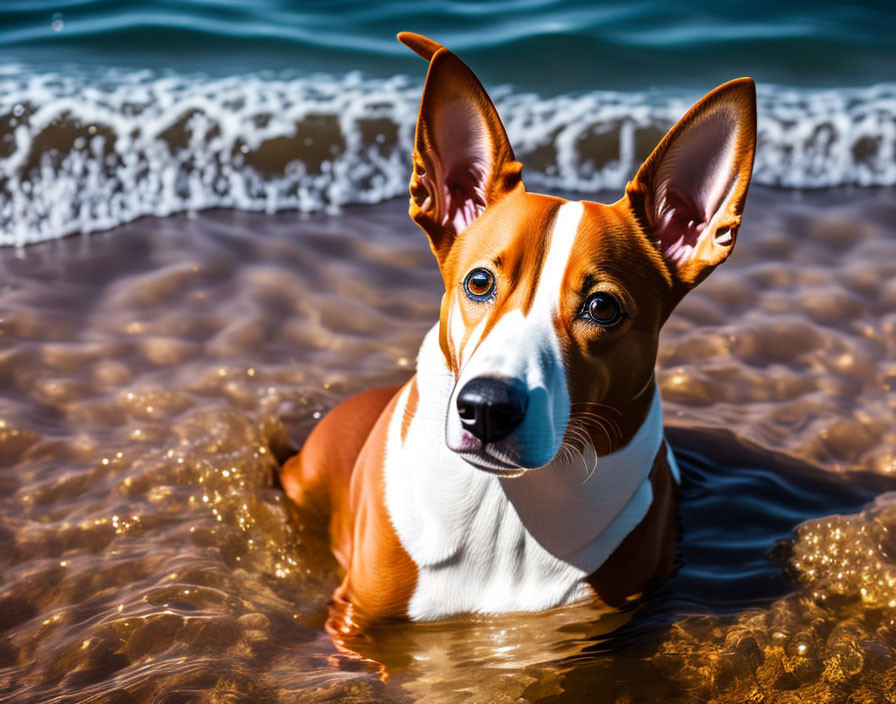 Brown and White Dog with Pointy Ears Sitting in Clear Water Near Beach