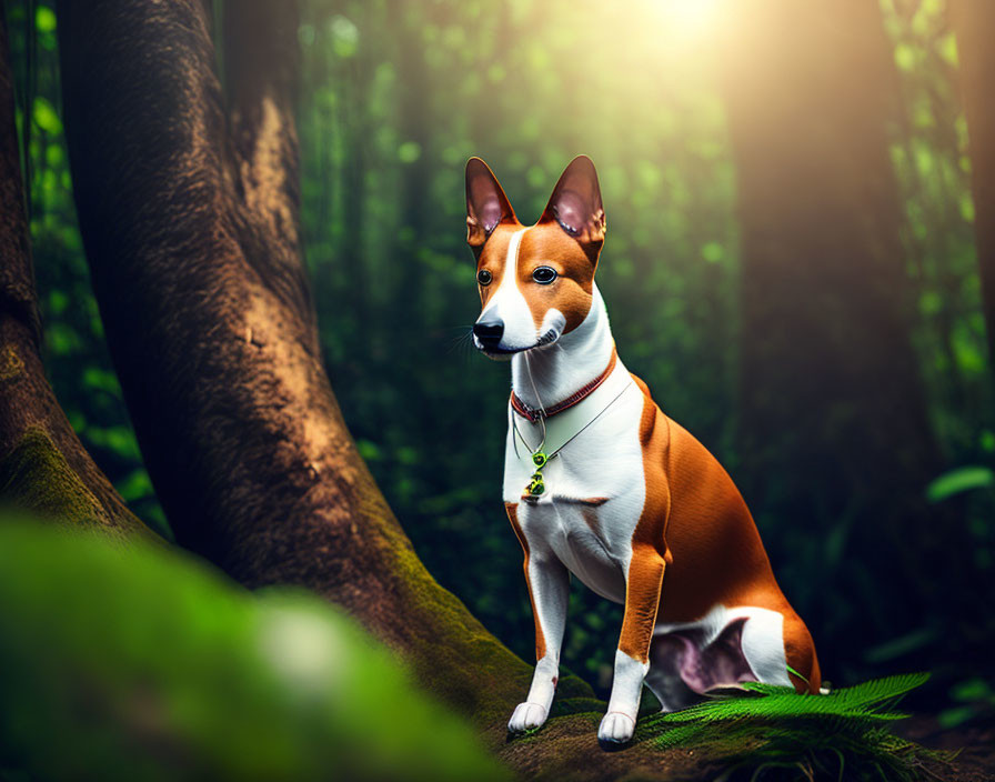 Brown and White Dog with Collar in Lush Green Forest