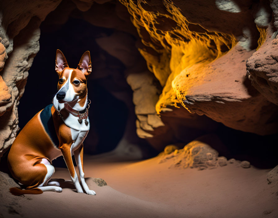 Collared dog in softly lit cave with rugged walls