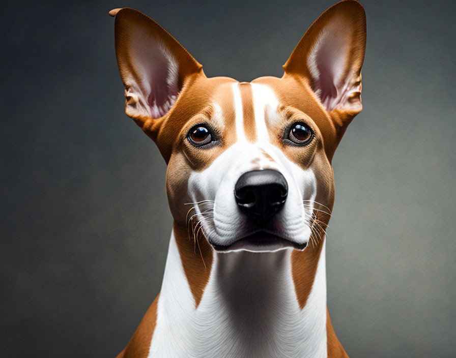 Brown and White Dog Portrait with Pointed Ears and Dark Background