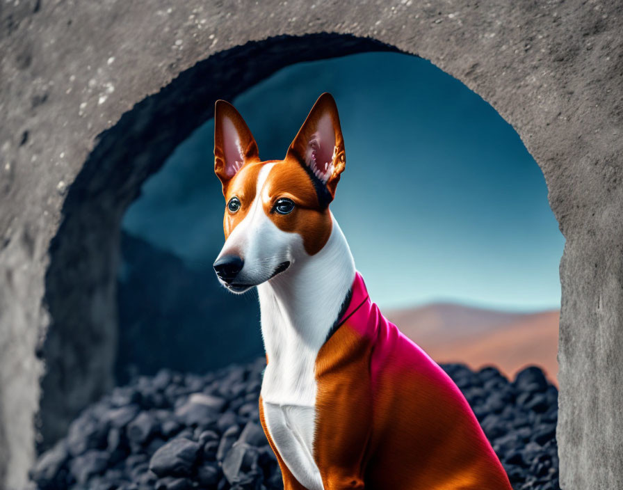 Basenji dog in pink cloak by circular opening, dusk sky & hilly landscape