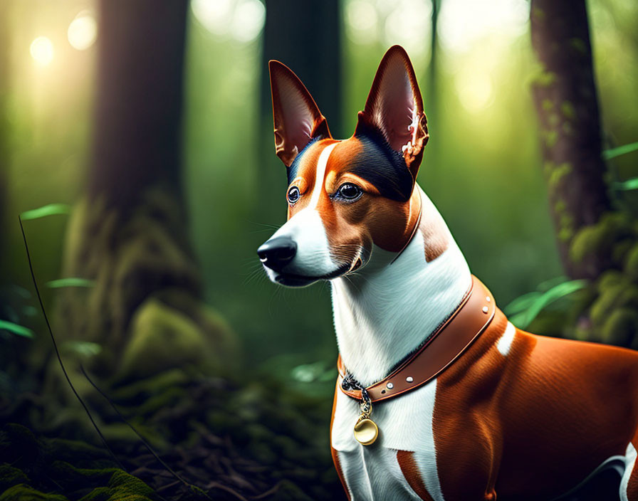 Brown and White Dog with Pointed Ears in Sunlit Forest