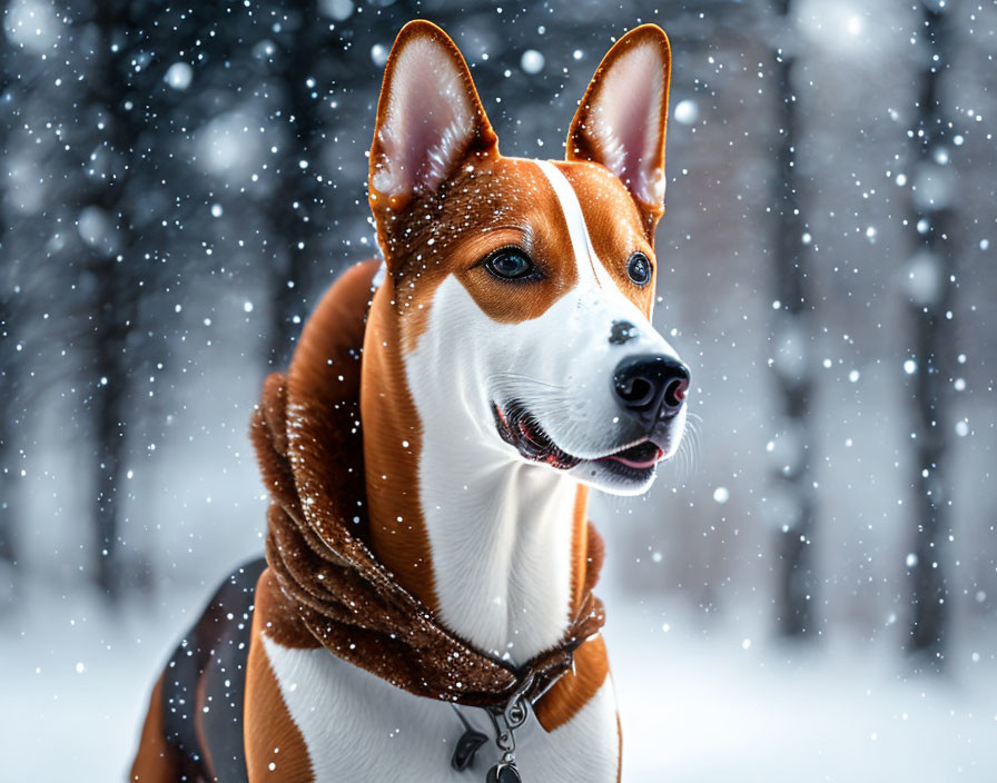 Brown and White Dog with Black Collar Sitting in Falling Snow