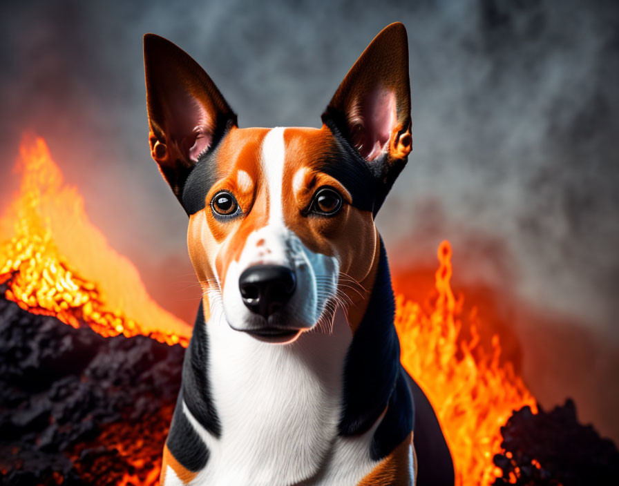 Tricolor dog with perky ears against fiery lava backdrop