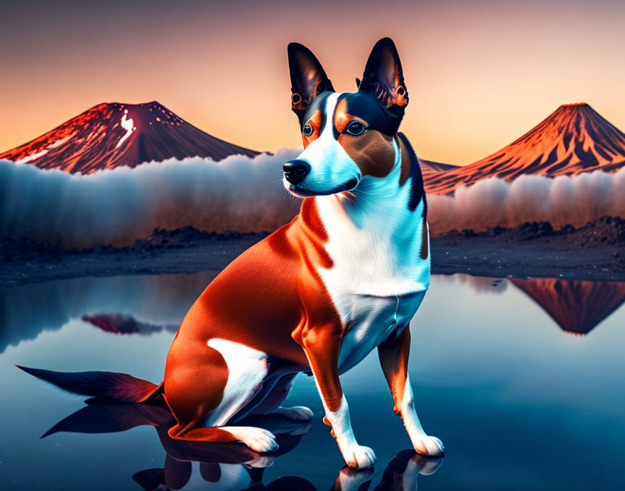 Tricolor dog near twin volcanoes in dusky sky