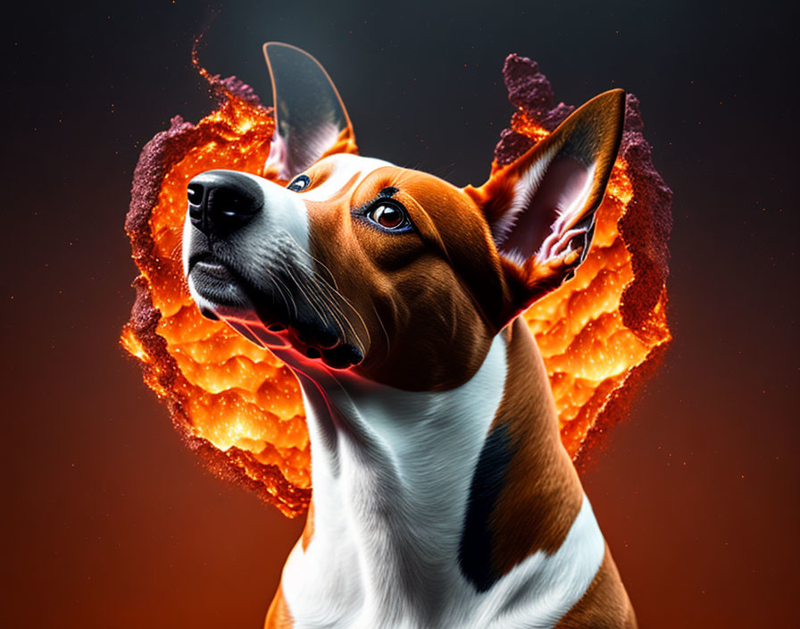 Fiery wing-like ears on a dog against dark background