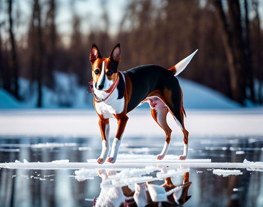 Tri-Colored Dog Standing on Frozen Surface with Snowy Trees and Soft Sunlight