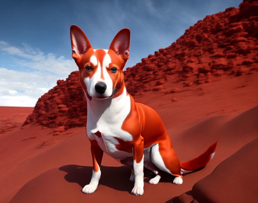 Brown and White Dog with Upright Ears on Red Sandy Desert