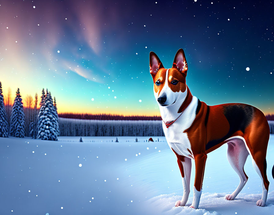 Brown and White Dog in Snow under Northern Lights and Twilight Sky