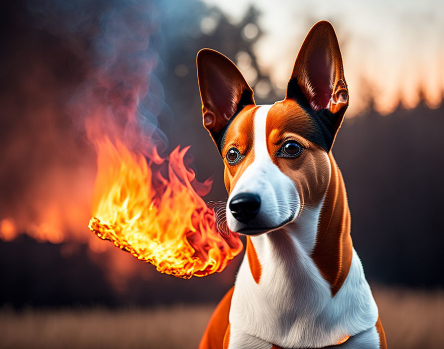 Basenji dog with perked ears in mystical fiery backdrop