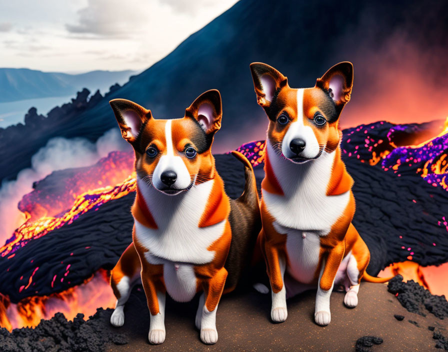 Brown and White Dogs Near Lava Flow at Sunset