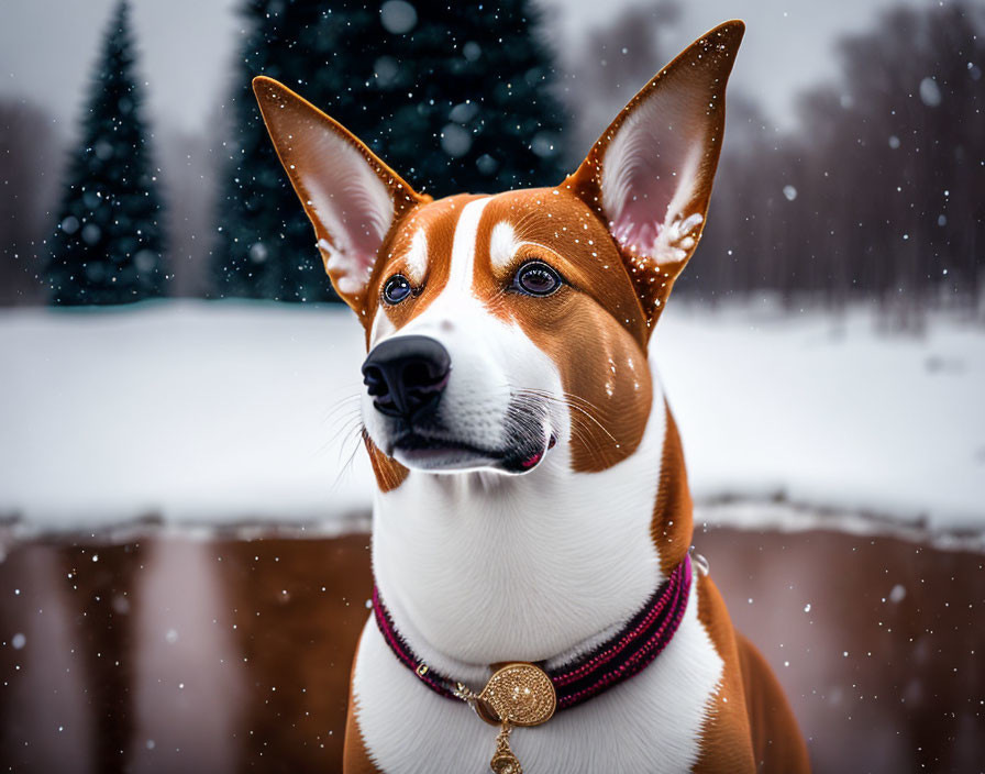 Brown and White Dog with Collar Medal in Snowy Landscape