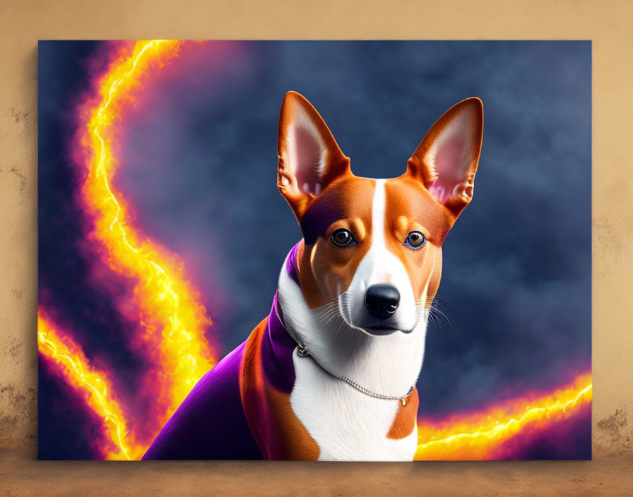 Realistic dog portrait with large ears in dramatic lightning backdrop