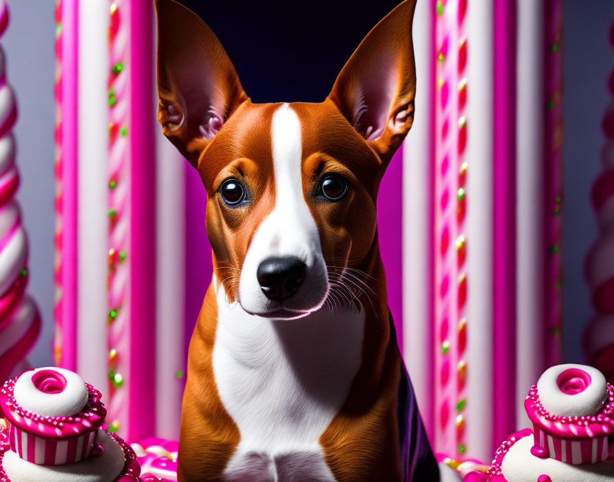 Colorful Dog with Candy Canes and Cupcakes on Purple Background