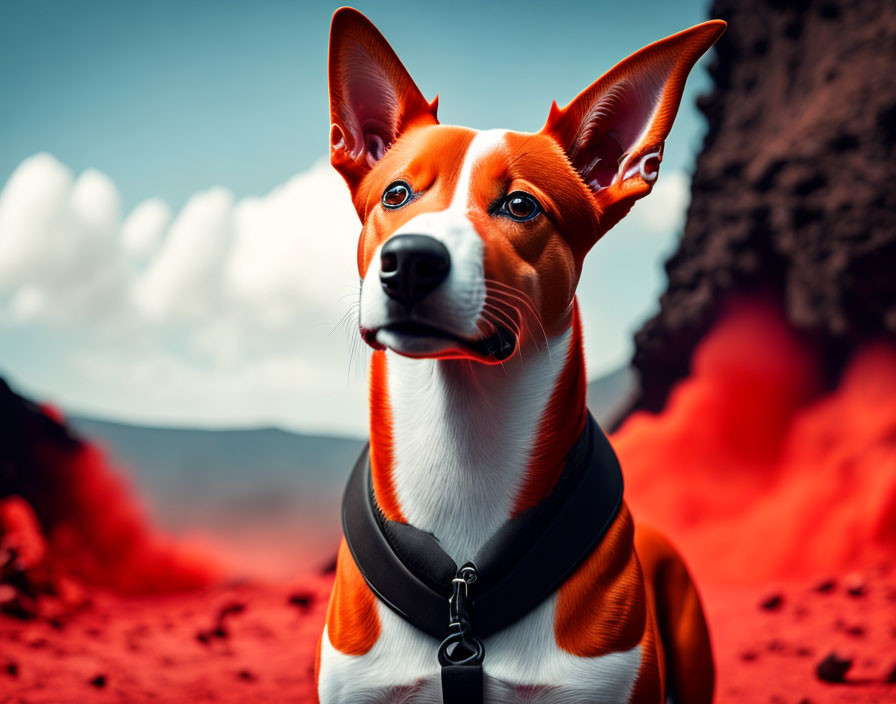 Basenji Dog Portrait with Erect Ears and Amber Eyes in Black Harness on Red and Blue Rocky