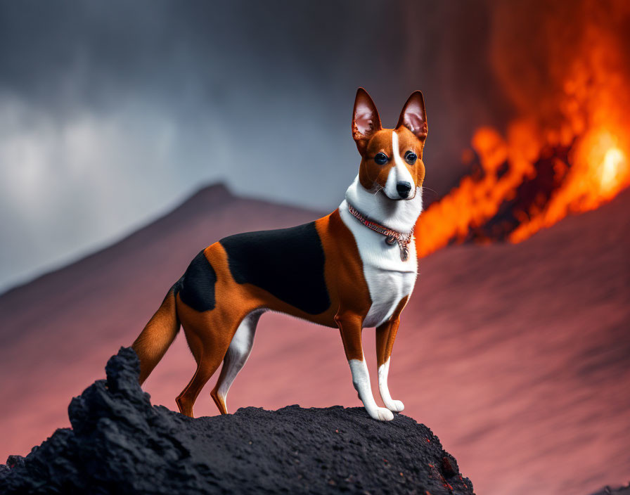 Tricolor dog on rock with volcanic eruption and flowing lava