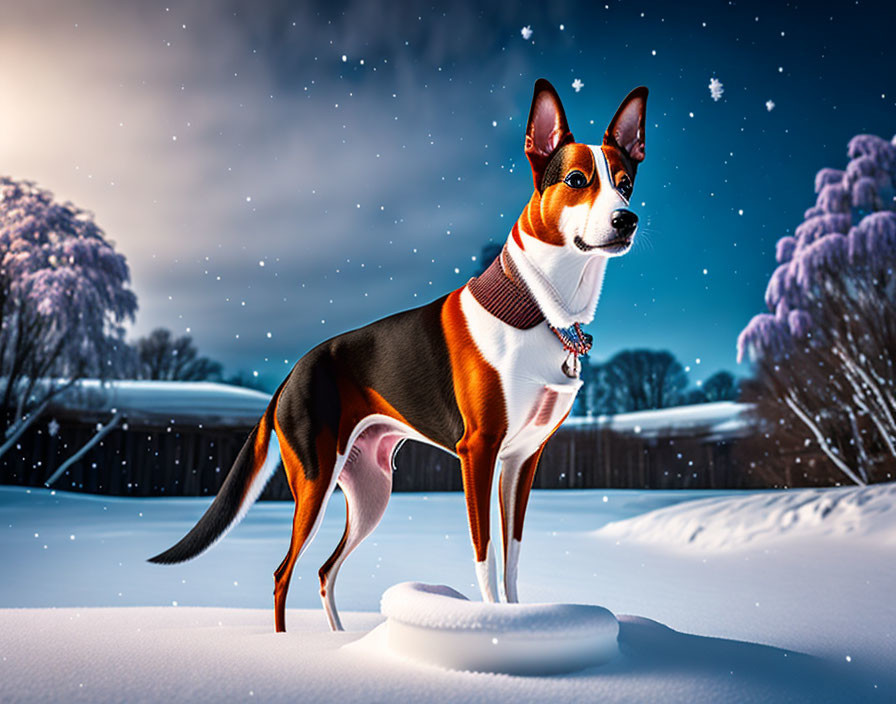 Tricolor dog in snowy night scene with starry sky and illuminated trees