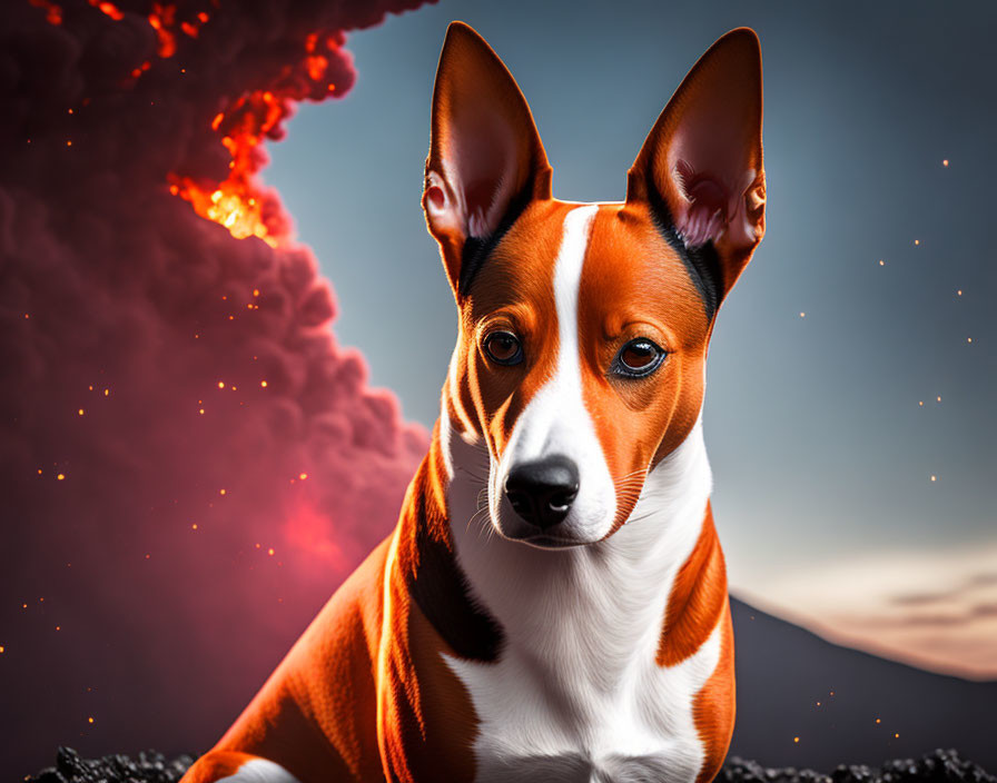 Brown and White Dog Sitting in Front of Dramatic Volcanic Eruption