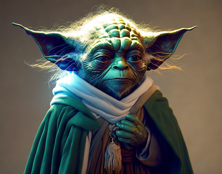 Realistic Yoda portrait in green robe and white scarf on muted backdrop