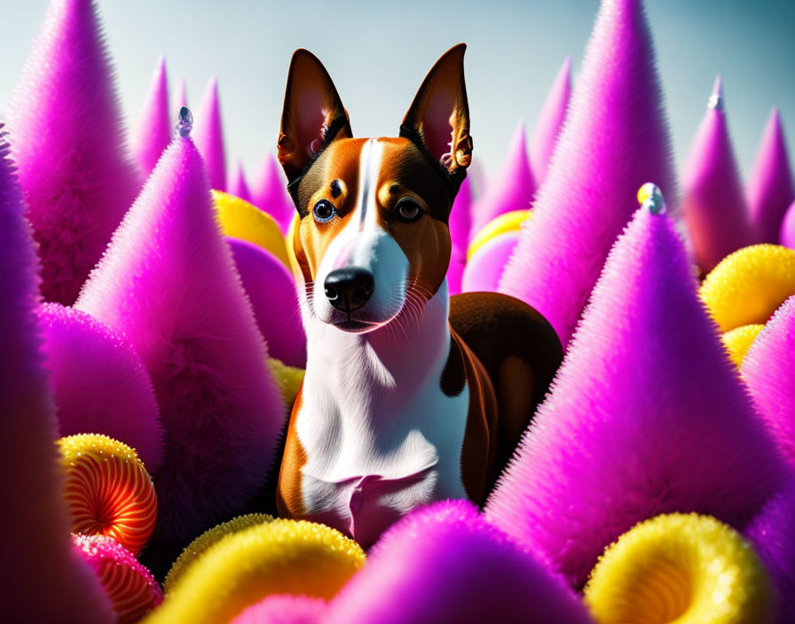 Basenji Dog Surrounded by Colorful Conical Shapes