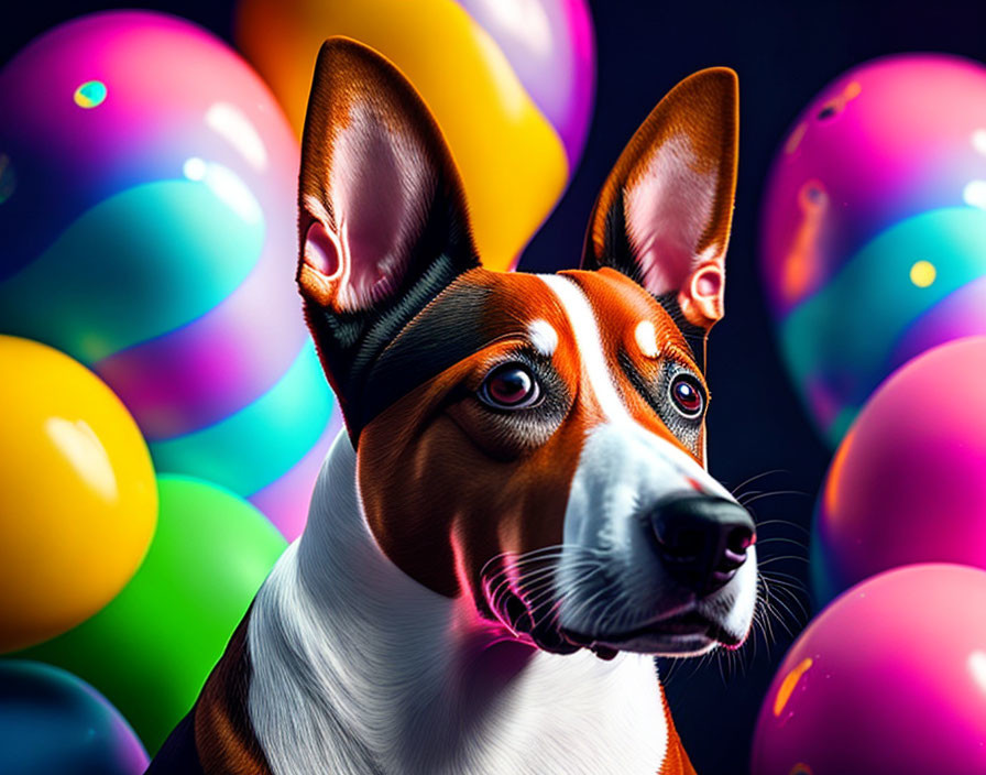 Tricolor dog portrait with pointed ears and colorful balloons background.