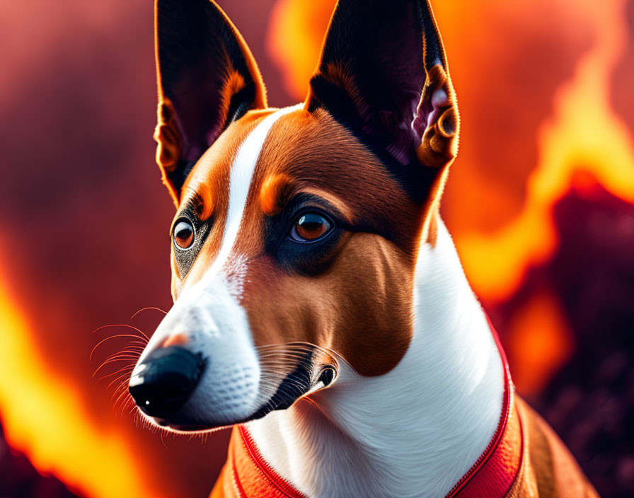 Brown and White Dog with Erect Ears in Fiery Background