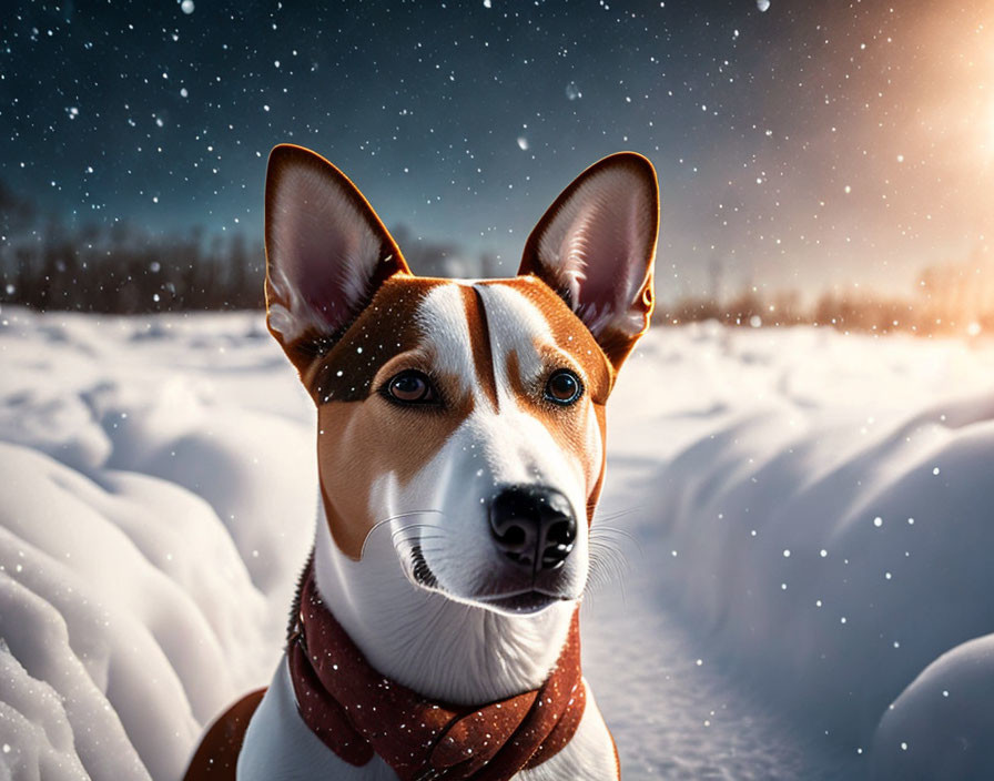 Dog with Pointy Ears Wearing Scarf in Snowy Landscape