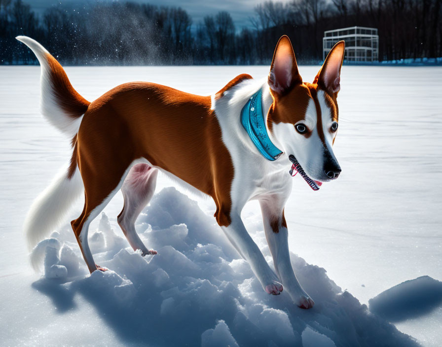 Brown and White Dog with Blue Collar Walking on Snowy Ground