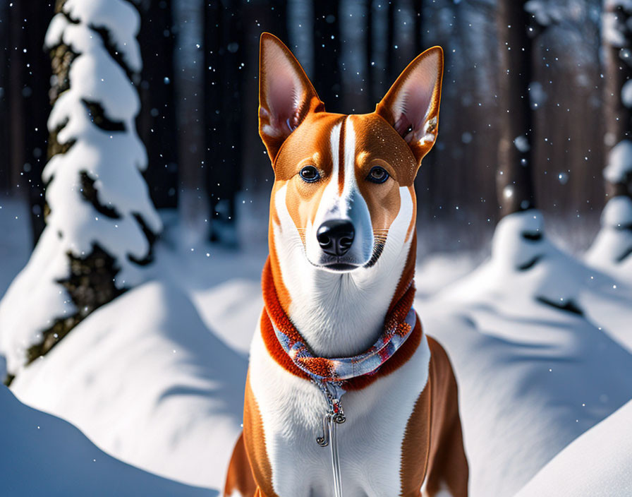 Brown and White Dog in Snowy Forest with Scarf