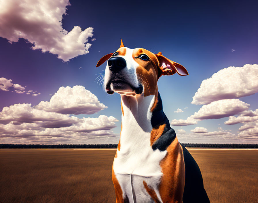 Brown and White Dog Sitting in Golden Field Under Dramatic Sky