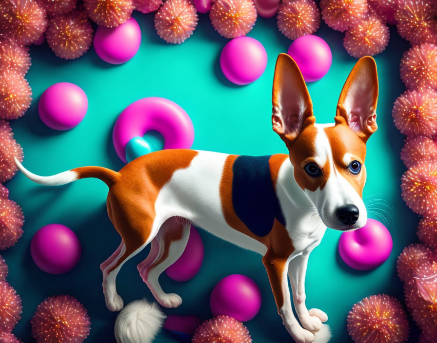 Tricolor dog surrounded by colorful balls on pastel teal background