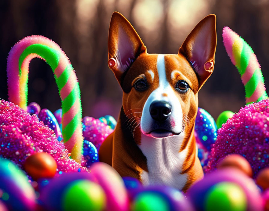 Brown and White Dog with Easter Eggs and Bunny Ears