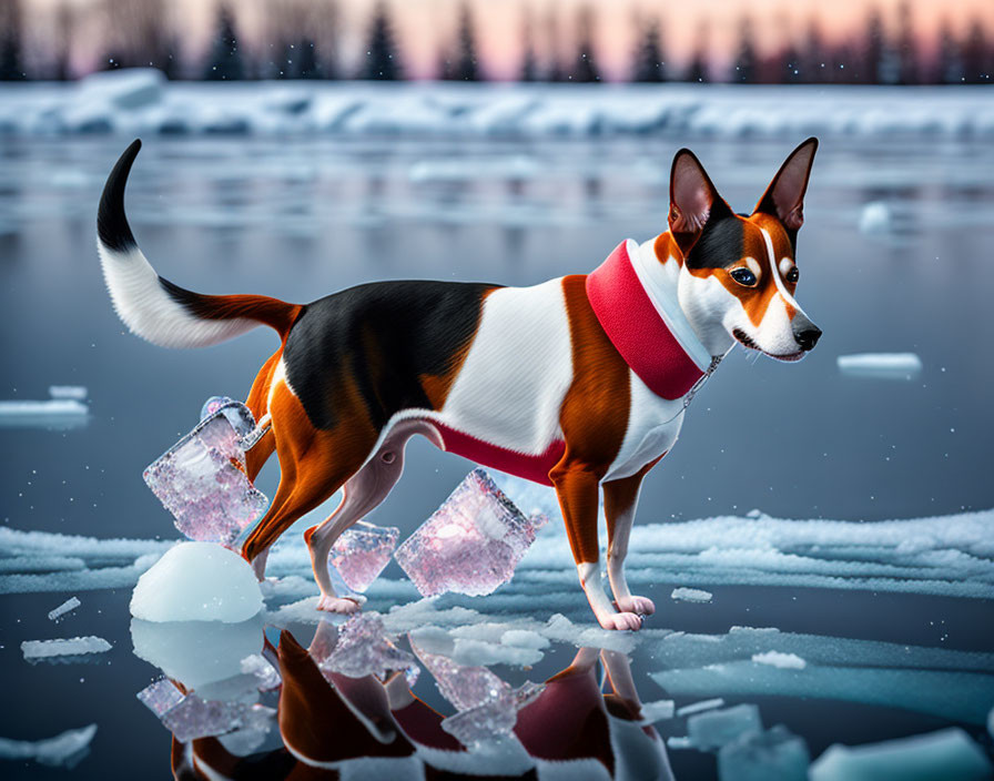 Tricolor dog with red scarf on frozen surface under twilight sky