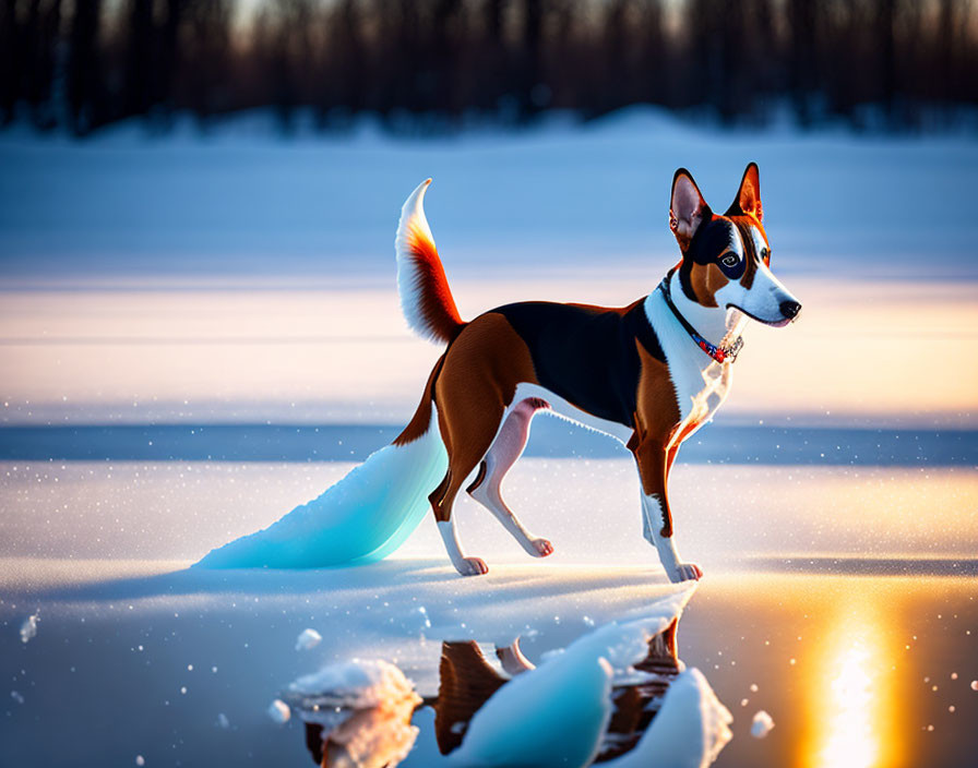 Tricolor dog in snowy landscape under golden sunlight