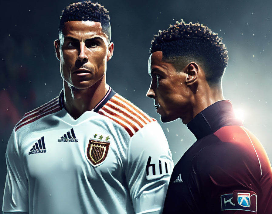 Stylized digital avatars of soccer players in opposing team jerseys under dramatic lighting