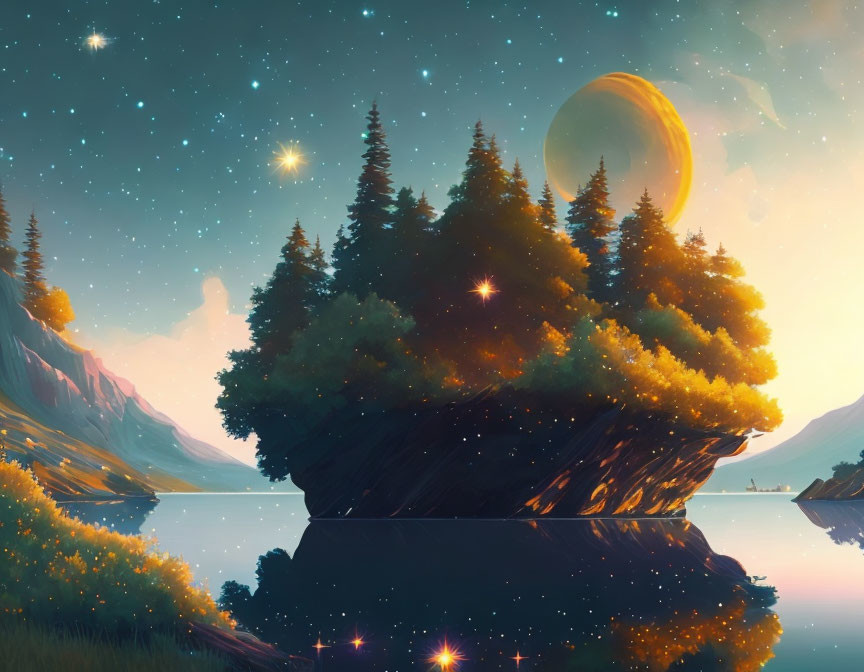 Floating island with green trees over calm lake, starry sky, moon, mountains